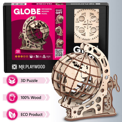 Mr. Playwood, 3D Houten Puzzel, Globe Size "L", 10202, 34,5X24X37,5Cm