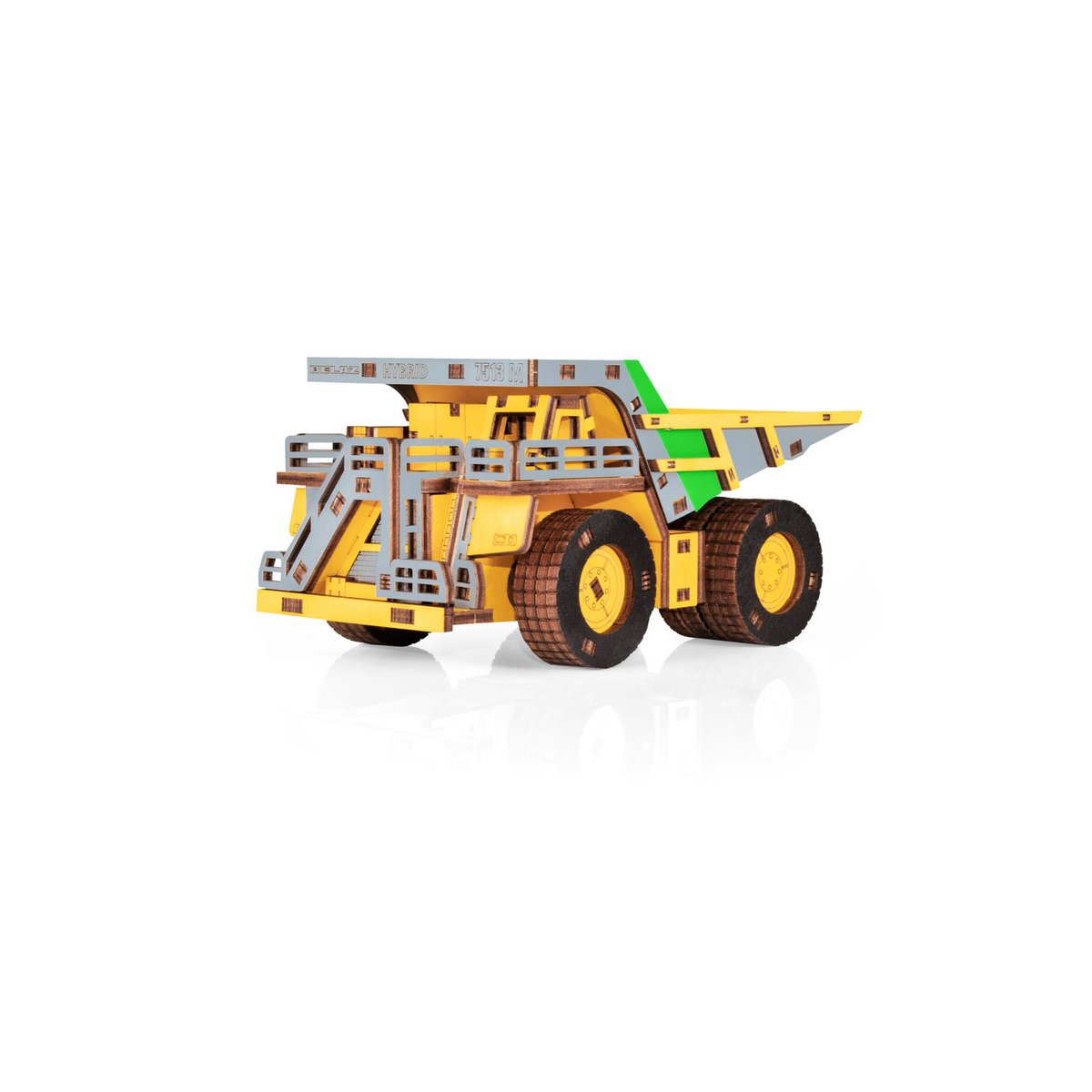 Eco Wood Art (Ewa) 3D Mechanische Houten Puzzel, Hybrid Mining Dump Truck Belaz-7513M, 4233, Kleur Geel, 18X9X10Cm