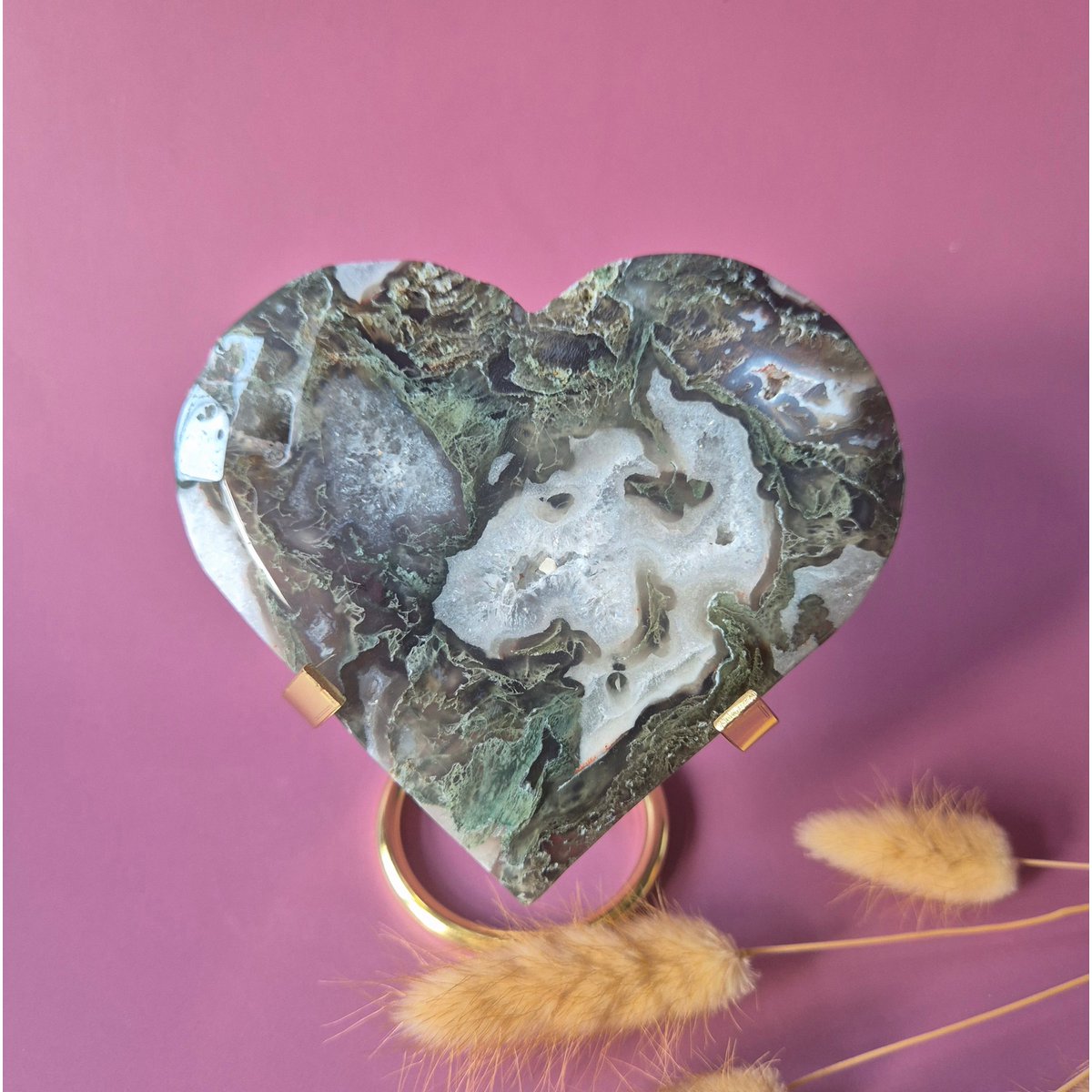 Xl Edelsteen Druzy Mosagaat Hart Op Metalen Standaard – #133 390Gram