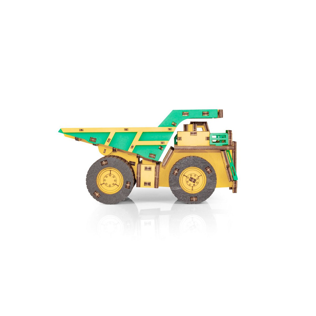 Eco Wood Art (Ewa) 3D Mechanische Houten Puzzel, Mining Dump Truck Belaz-7513E, 4219, Kleur Geel En Groen, 17X10X9Cm