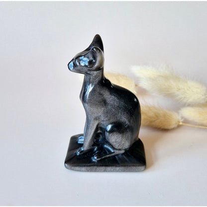 Edelsteen Zilver Obsidiaan Kat – Sphinx Carving (8 Cm)
