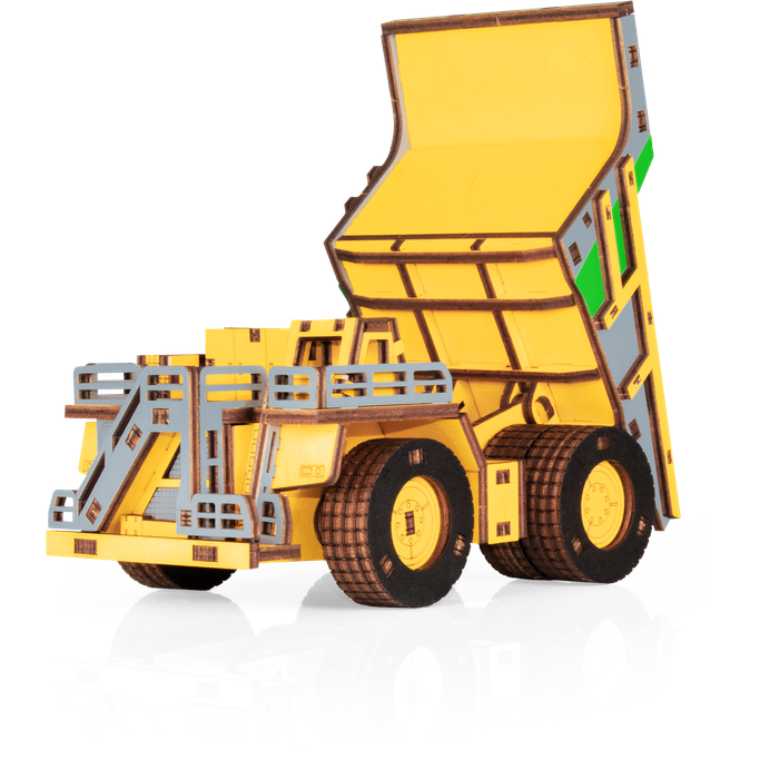Eco Wood Art (Ewa) 3D Mechanische Houten Puzzel, Hybrid Mining Dump Truck Belaz-7513M, 4233, Kleur Geel, 18X9X10Cm