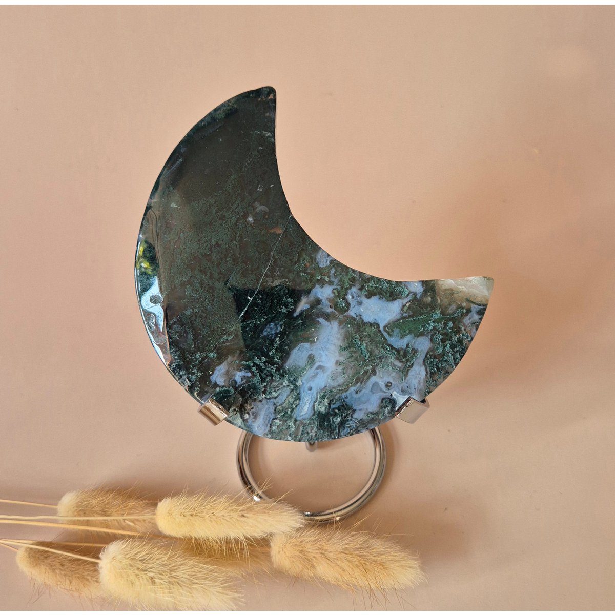 Xl Edelsteen Mosagaat Maan Op Standaard (Druzy & Patronen) #169 - 258G