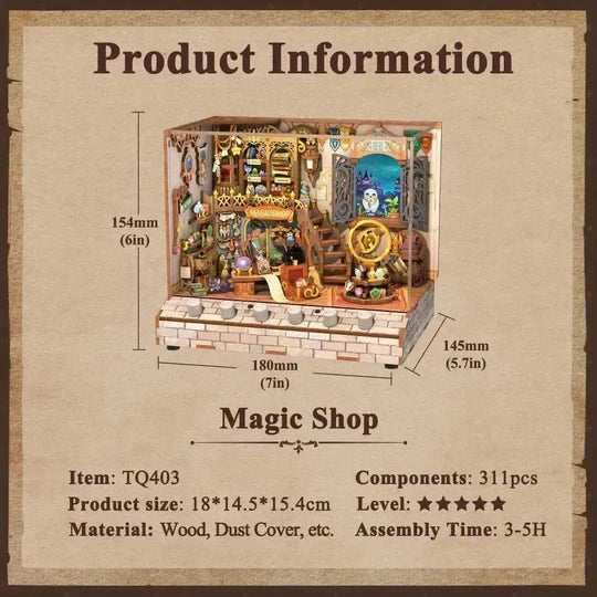 Tonecheer, Diy 3D Houten Puzzel Met 6 Verschillende Geluidseffecten En Stofkap, Miniature House Magic Shop, Tq403, 18X14,5X15,4Cm