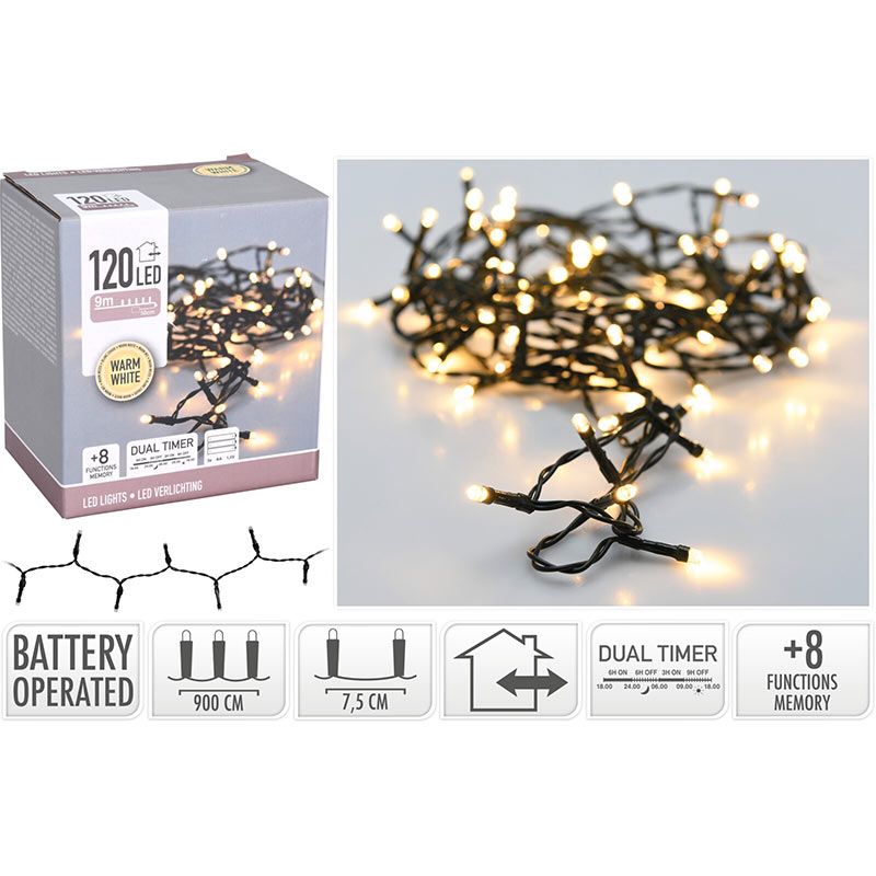 Led Verlichting 120 Led - 9 Meter - Warm Wit - Batterijbox 120 Warm Wit - Dual-Timer - Geheugen En Lichtfuncties