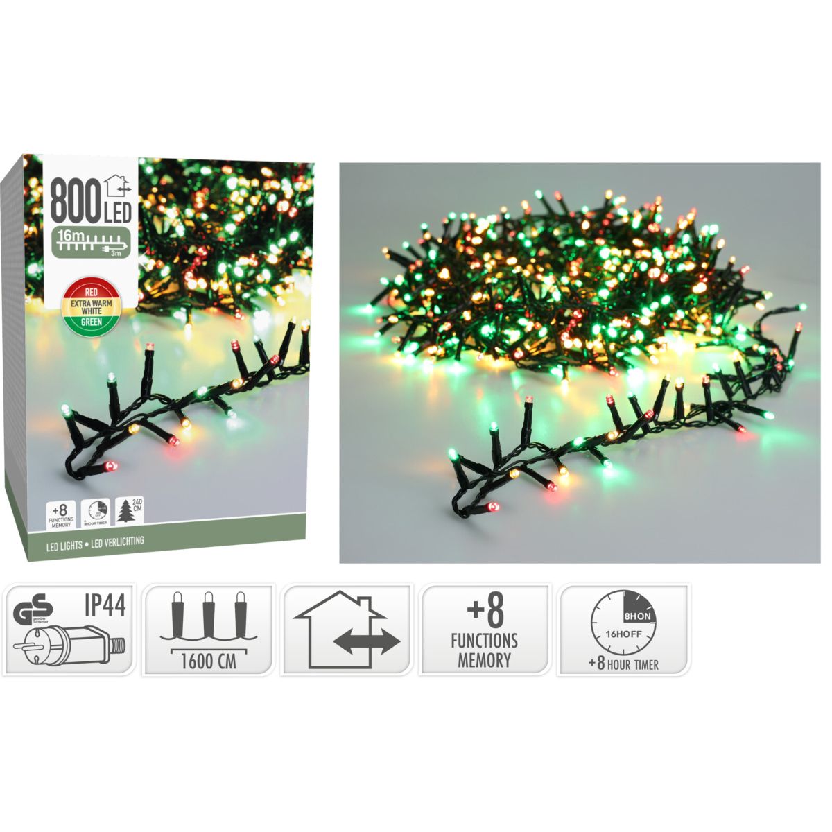 Microcluster - 800 Led - 16M - Three Tone Traditional - Timer - Lichtfuncties - Geheugen - Buiten