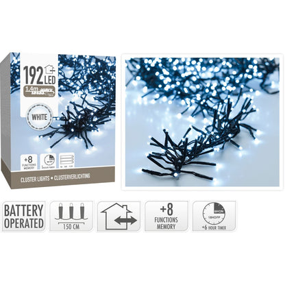 Clusterverlichting 192 Led -  1.4M - Wit - Batterij - Lichtfuncties - Geheugen - Timer