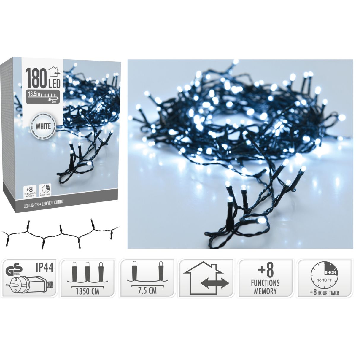 Kerstverlichting 180 Led- 13.5M - Wit - Timer - Lichtfuncties - Geheugen - Buiten