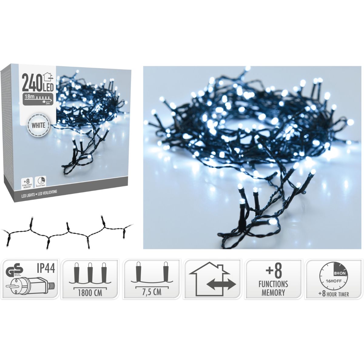 Kerstverlichting 240 Led- 18M - Wit - Timer - Lichtfuncties - Geheugen - Buiten