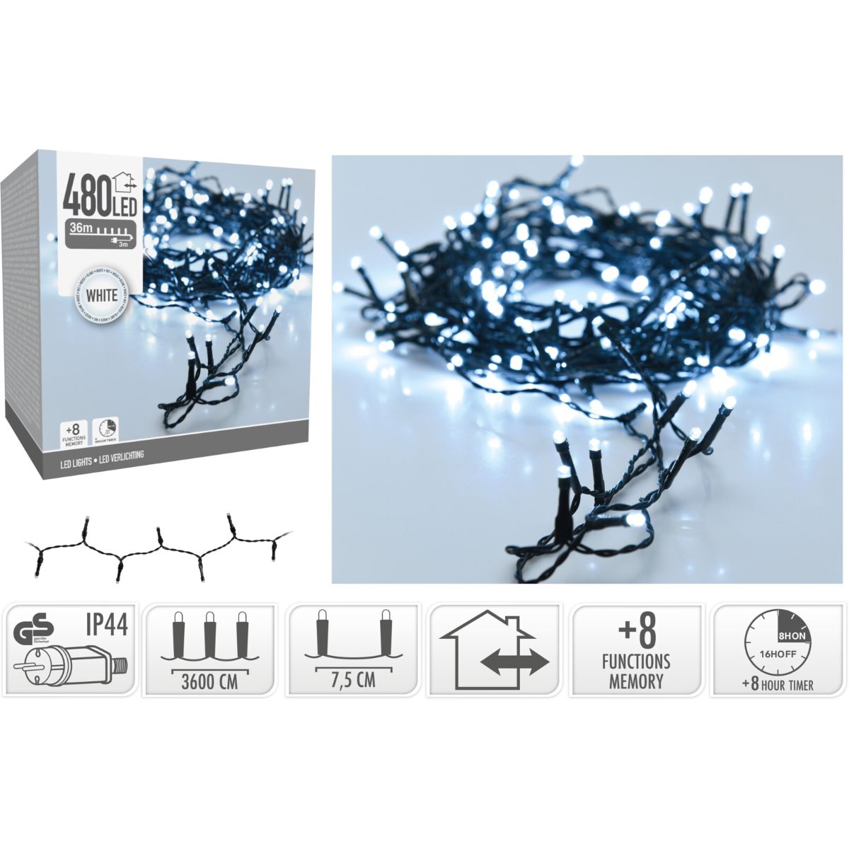Kerstverlichting 480 Led- 36M - Wit - Timer - Lichtfuncties - Geheugen - Buiten