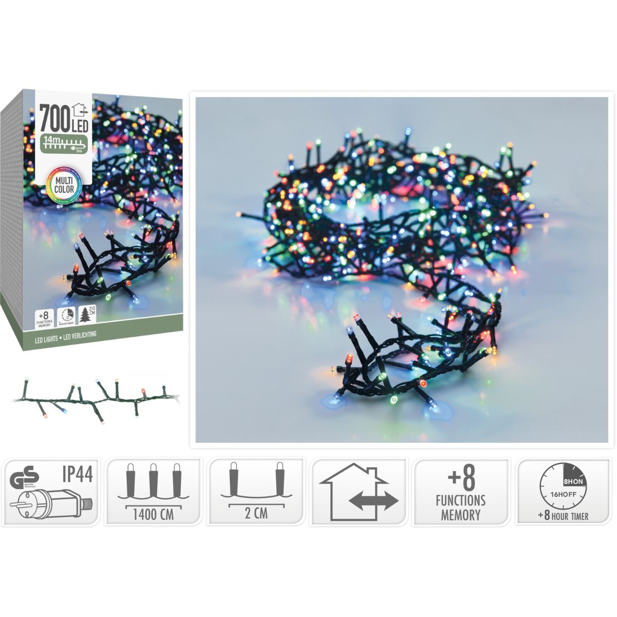 Microcluster - 700 Led - 14M - Multicolor - Timer - Lichtfuncties - Geheugen - Buiten