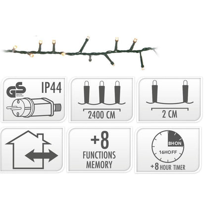 Microcluster - 1200 Led - 24M - Extra Warm Wit - Timer - Lichtfuncties - Geheugen - Buiten