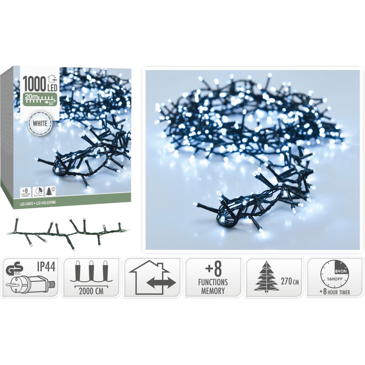 Microcluster - 1000 Led - 20M - Wit - Timer - Lichtfuncties - Geheugen - Buiten