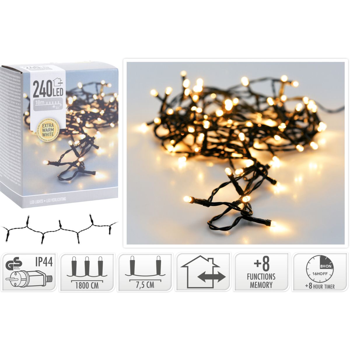 Kerstverlichting 240 Led- 18M - Extra Warm Wit - Timer - Lichtfuncties - Geheugen - Buiten