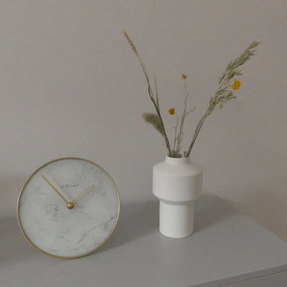 Nextime Ne-5222Wi - Tafelklok - Ø 20 Cm - Glas / Metaal - Wit - 'Marble'