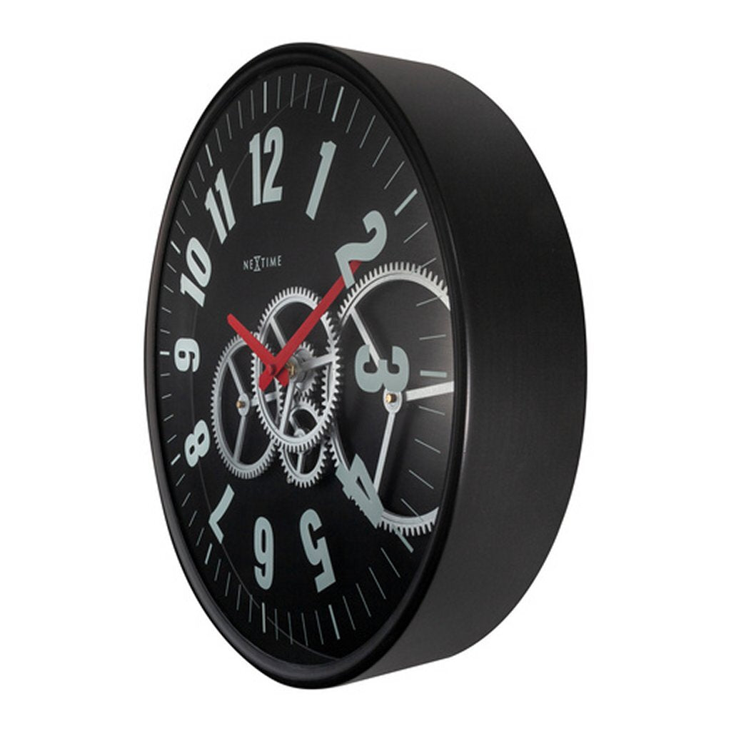 Nextime Ne-3259Zw Moderne Gear Wandklok 36 Cm Zwart/Wit