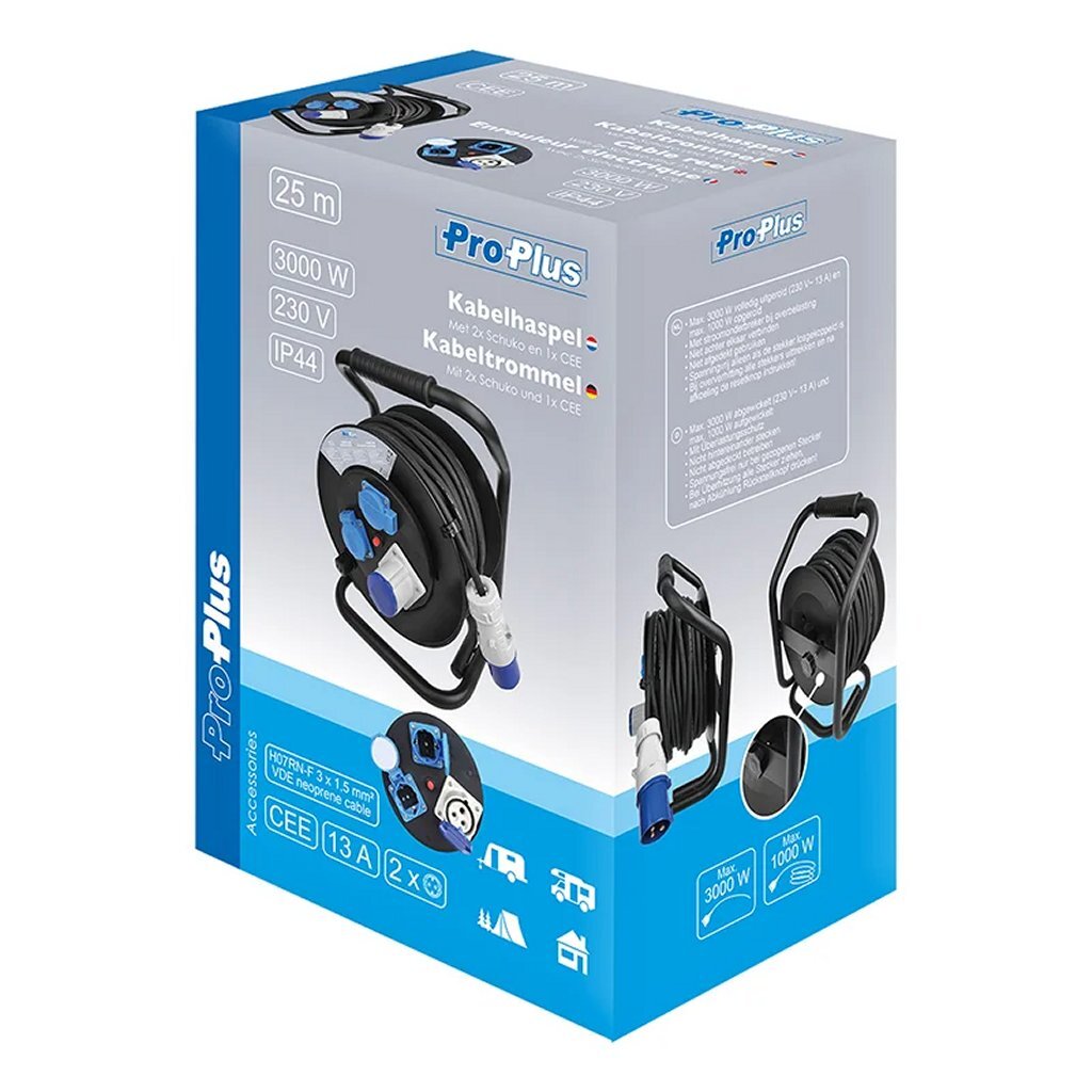 Proplus Kabelhaspel Cee 25 M 3X1,5 Mm&Sup2; (2X Schuko + 1X Cee) Zwart