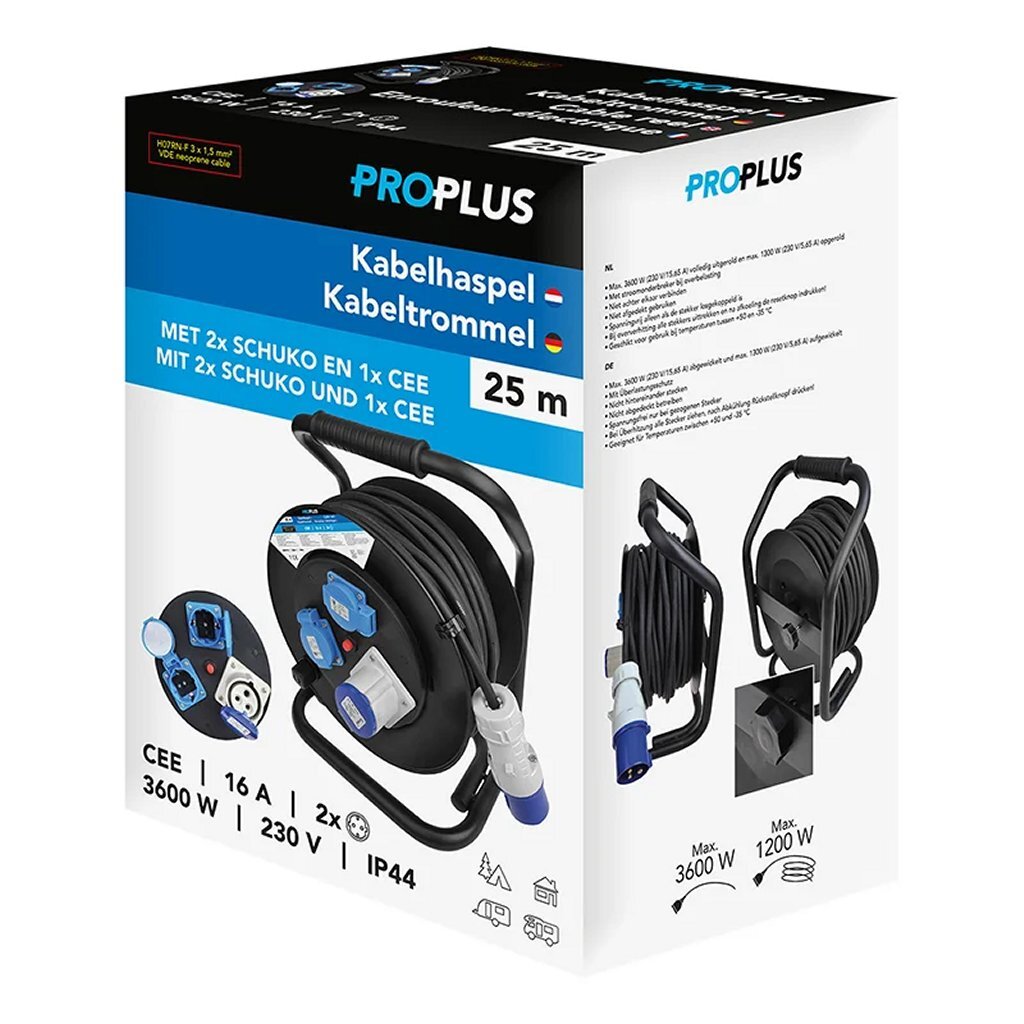 Proplus Kabelhaspel Cee 25 M 3X2,5 Mm&Sup2; (2X Schuko + 1X Cee) Zwart