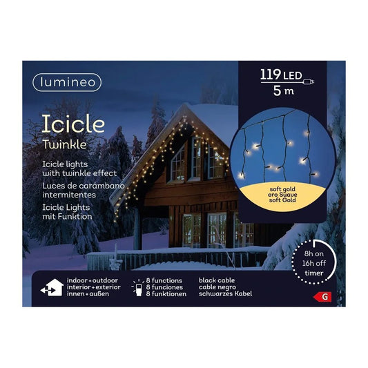 Lumineo Led Snoer Icicle Twinkle 119 Led'S 500 Cm Soft Gold Zwart