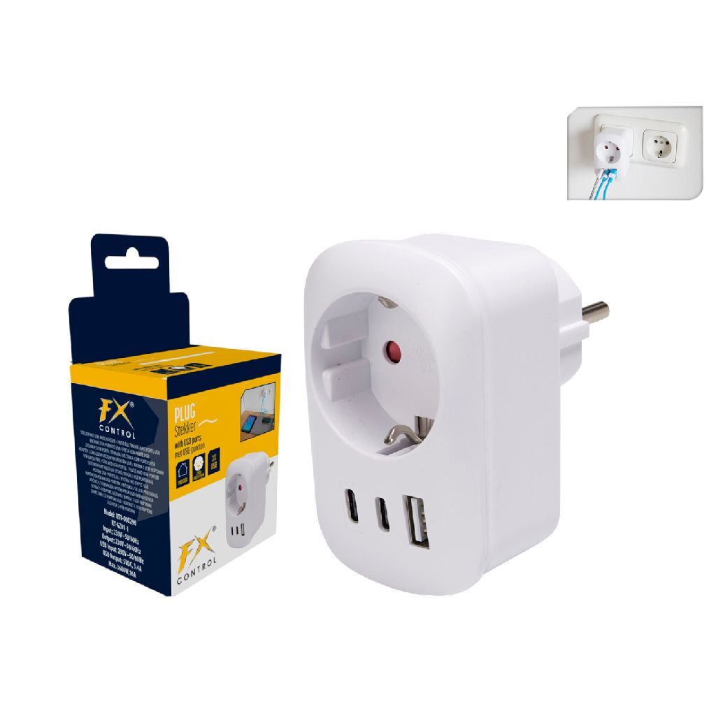 Fx Control Stekker + 2 Usb A Poorten + 1 Usb C Poort Wit