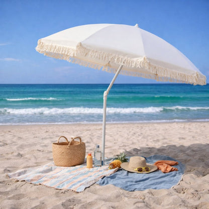 Overige Merken Pro Beach Parasol Aruba Met Franjes 180 Cm Ecru