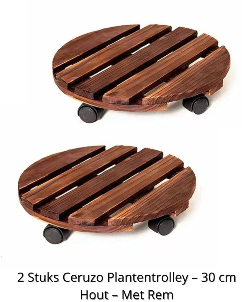 Ceruzo 2X Plantentrolley Met Wieltjes - Rond 30 Cm - Hout