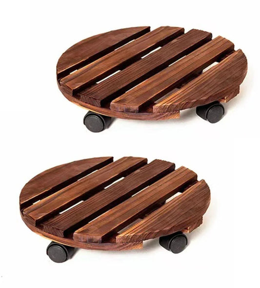 Ceruzo 2X Plantentrolley Met Wieltjes - Rond 30 Cm - Hout