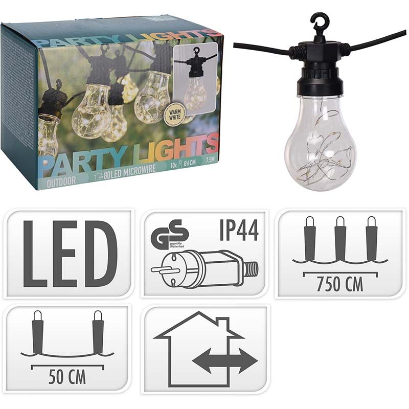 Feestverlichting - 10 Lamps - 100 Led - Warm Wit